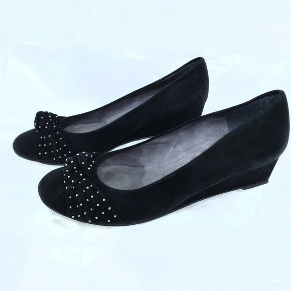 Stuart Weitzman Black Dotsun Suede Bow Wedge Heels - Picture 1 of 7